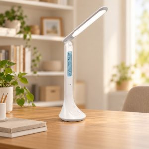 Lampada da scrivania ricaricabile led 4w 4000k touch per ufficio con orologio sveglia bianca