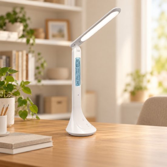Lampada da scrivania ricaricabile led 4w 4000k touch per ufficio con orologio sveglia bianca