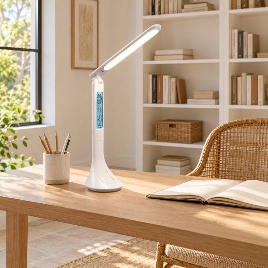 Lampada da scrivania ricaricabile led 4w 4000k touch per ufficio con orologio sveglia bianca