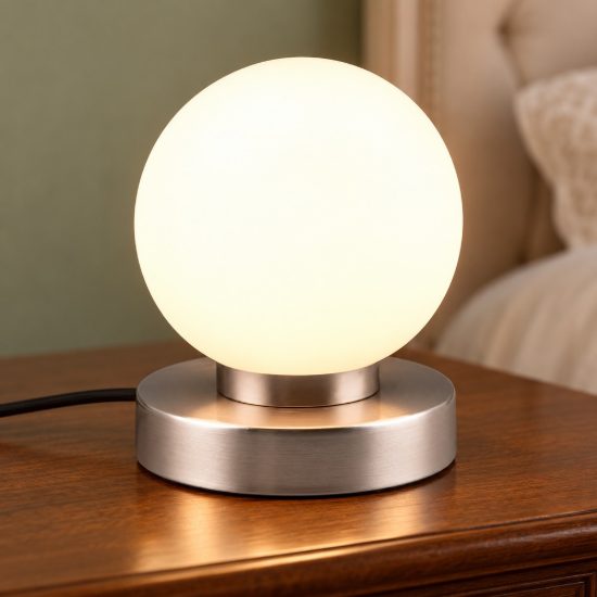 Abat-jour touch per comodino moderno nichel opaco con sfera in vetro bianco
