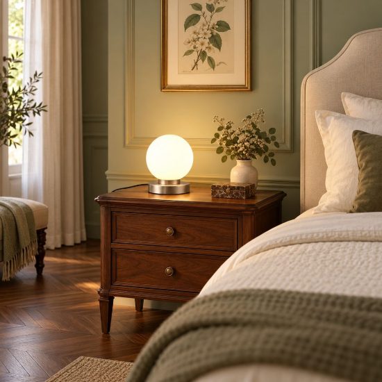 Abat-jour touch per comodino moderno nichel opaco con sfera in vetro bianco