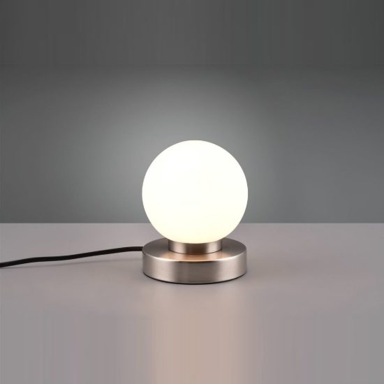 Abat-jour touch per comodino moderno nichel opaco con sfera in vetro bianco