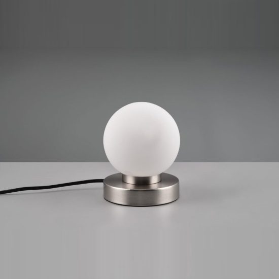 Abat-jour touch per comodino moderno nichel opaco con sfera in vetro bianco