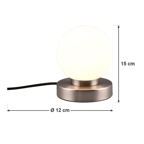 Abat-jour touch per comodino moderno nichel opaco con sfera in vetro bianco