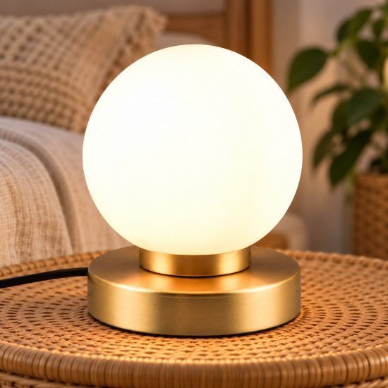 Abat-jour touch per comodino moderno ottone satinato con sfera in vetro bianco
