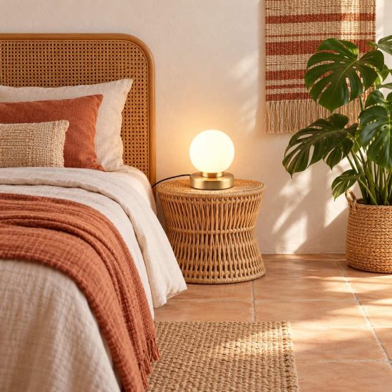 Abat-jour touch per comodino moderno ottone satinato con sfera in vetro bianco