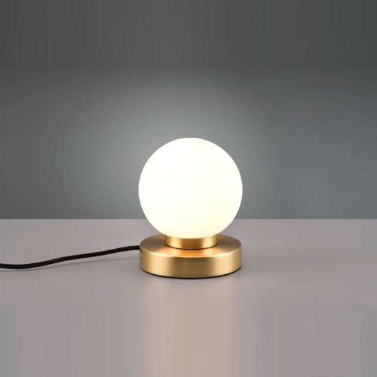Abat-jour touch per comodino moderno ottone satinato con sfera in vetro bianco