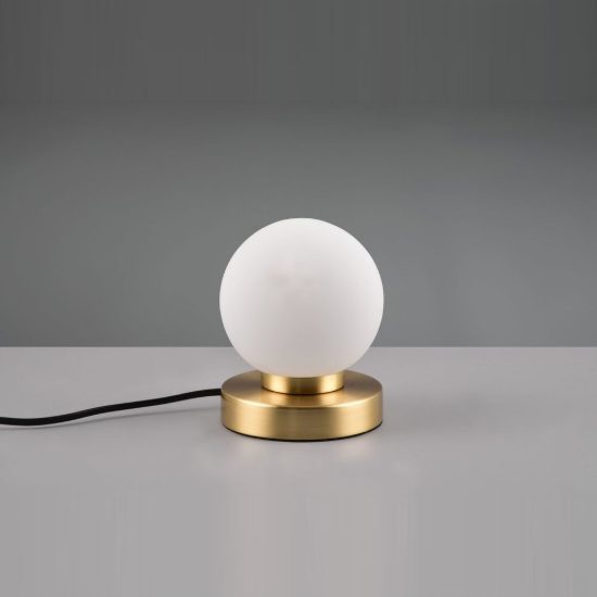 Abat-jour touch per comodino moderno ottone satinato con sfera in vetro bianco