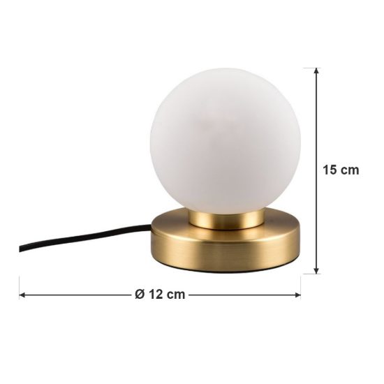 Abat-jour touch per comodino moderno ottone satinato con sfera in vetro bianco