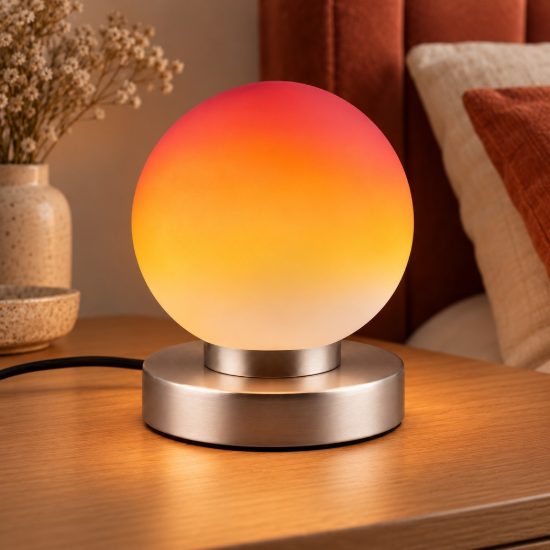 Abat-jour touch per comodino moderno nichel opaco con sfera in vetro arancione