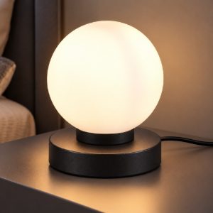 Abat-jour touch per comodino moderno nero opaco con sfera in vetro bianco