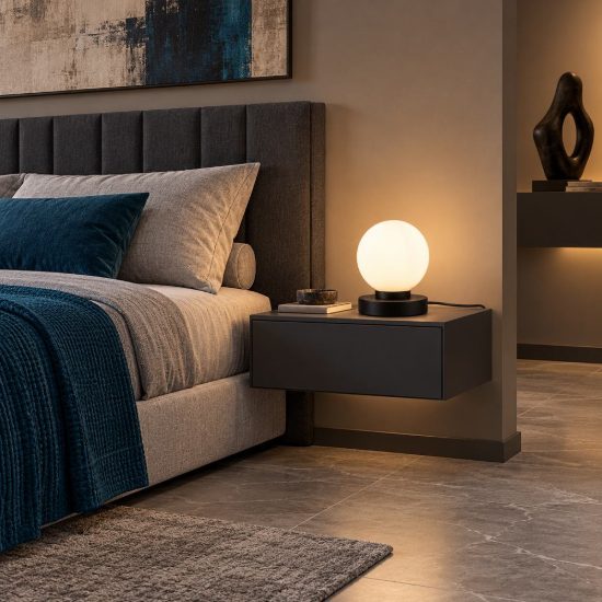Abat-jour touch per comodino moderno nero opaco con sfera in vetro bianco