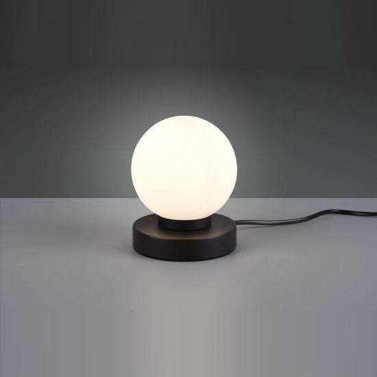 Abat-jour touch per comodino moderno nero opaco con sfera in vetro bianco