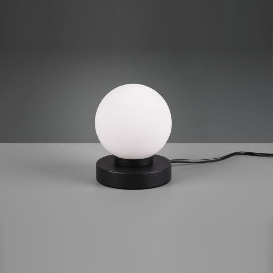Abat-jour touch per comodino moderno nero opaco con sfera in vetro bianco