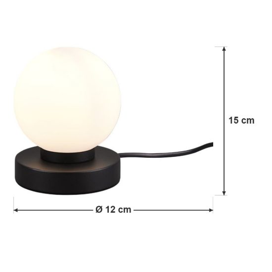 Abat-jour touch per comodino moderno nero opaco con sfera in vetro bianco