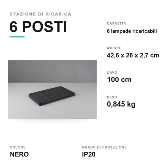 Stazione di ricarica per 6 lampade ricaricabili nera
