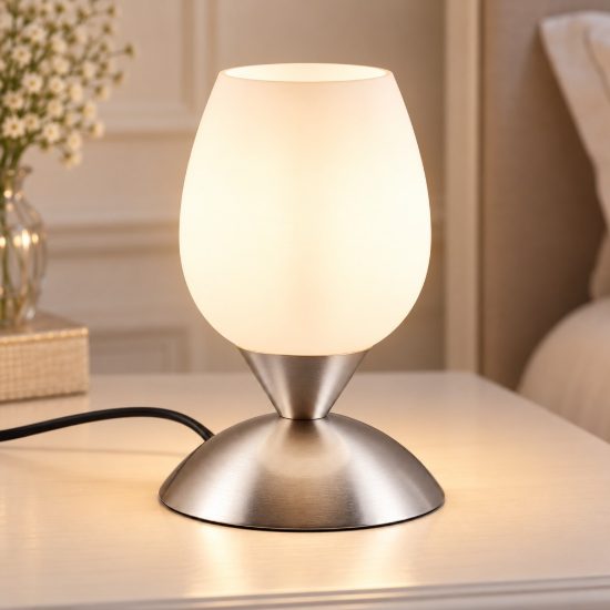 Abat-jour touch per comodino moderno nichel opaco con calice in vetro satinato bianco