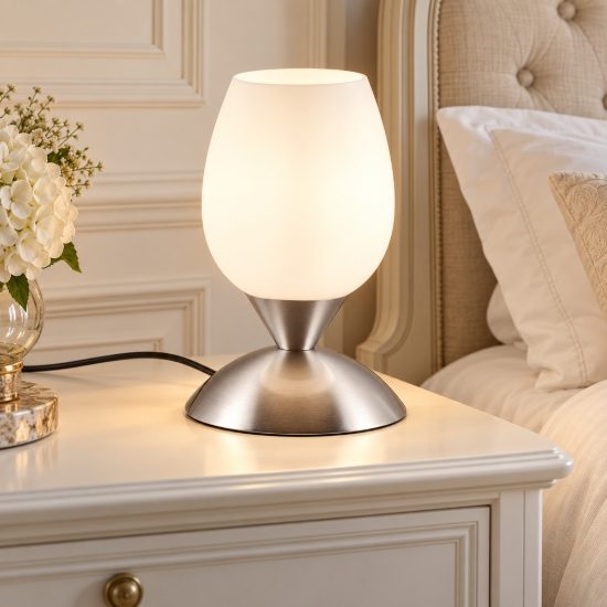 Abat-jour touch per comodino moderno nichel opaco con calice in vetro satinato bianco
