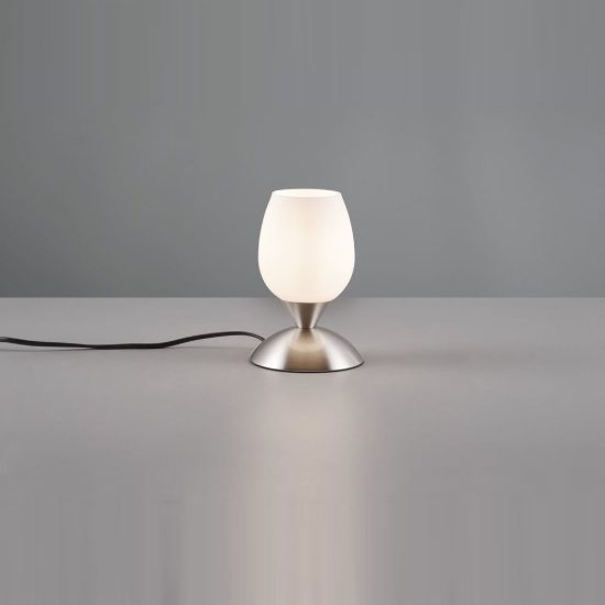 Abat-jour touch per comodino moderno nichel opaco con calice in vetro satinato bianco