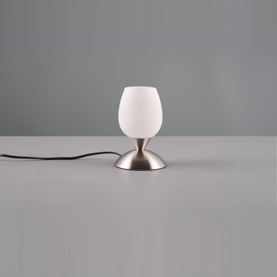 Abat-jour touch per comodino moderno nichel opaco con calice in vetro satinato bianco