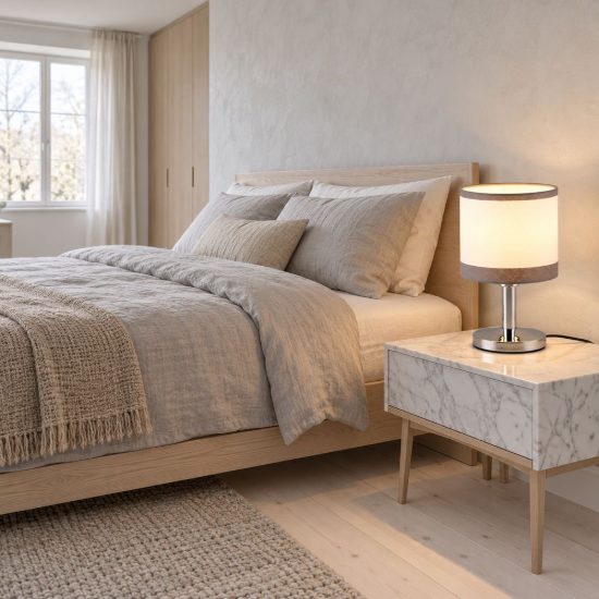 Abat-jour touch per comodino moderno cromo con paralume in tessuto bianco grigio