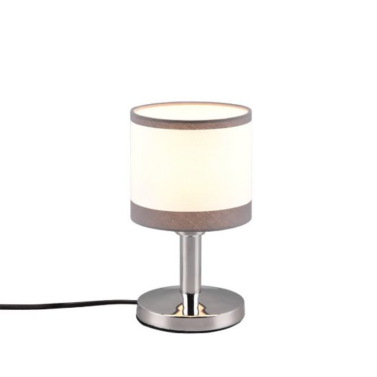 Abat-jour touch per comodino moderno cromo con paralume in tessuto bianco grigio