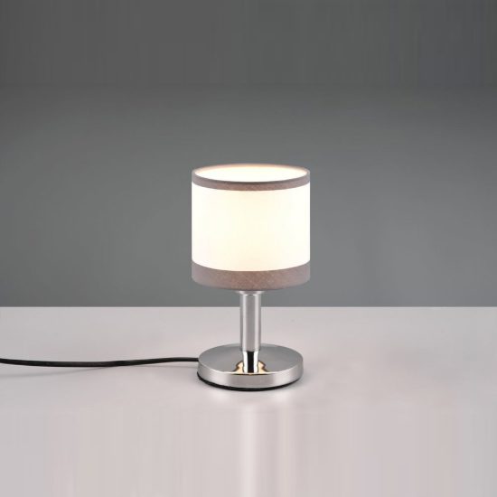 Abat-jour touch per comodino moderno cromo con paralume in tessuto bianco grigio