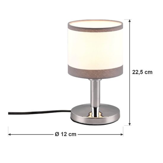 Abat-jour touch per comodino moderno cromo con paralume in tessuto bianco grigio