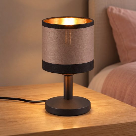 Abat-jour touch per comodino moderno nero con paralume in tessuto tortora oro
