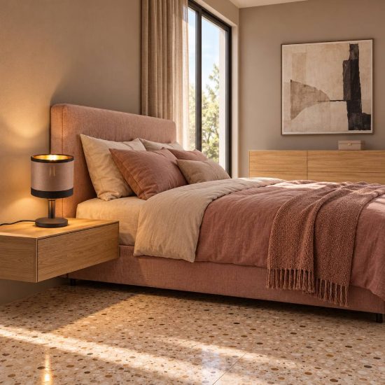 Abat-jour touch per comodino moderno nero con paralume in tessuto tortora oro