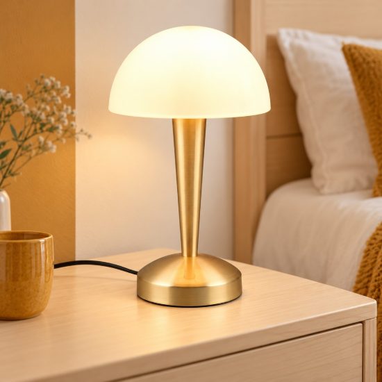 Abat-jour touch per comodino moderno ottone satinato con vetro bianco satinato