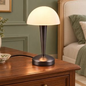 Abat-jour touch per comodino moderno nero cromo con vetro bianco satinato