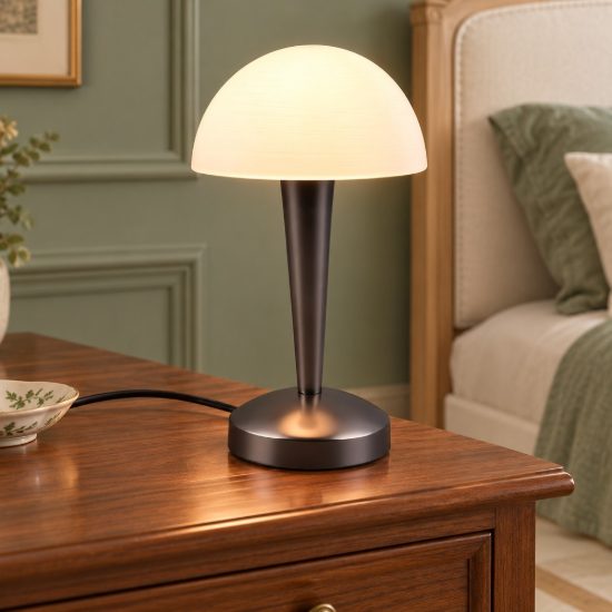 Abat-jour touch per comodino moderno nero cromo con vetro bianco satinato