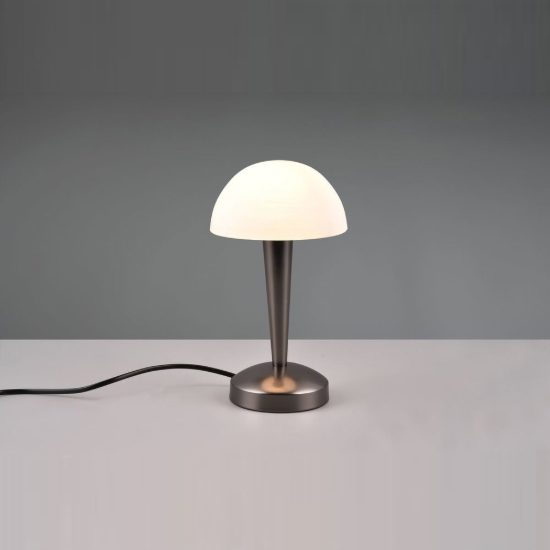 Abat-jour touch per comodino moderno nero cromo con vetro bianco satinato