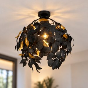 Plafoniera moderna nera con foglie lavabili nere oro