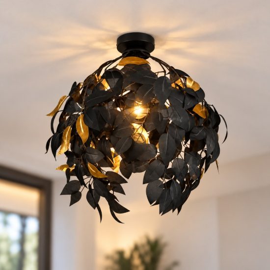 Plafoniera moderna nera con foglie lavabili nere oro