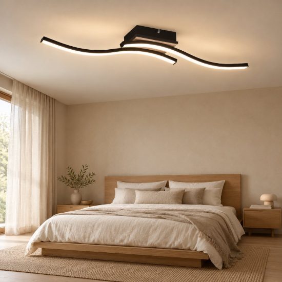 Plafoniera led 10w 3000k per cucina moderna con 2 bacchette ondulate nera effetto legno