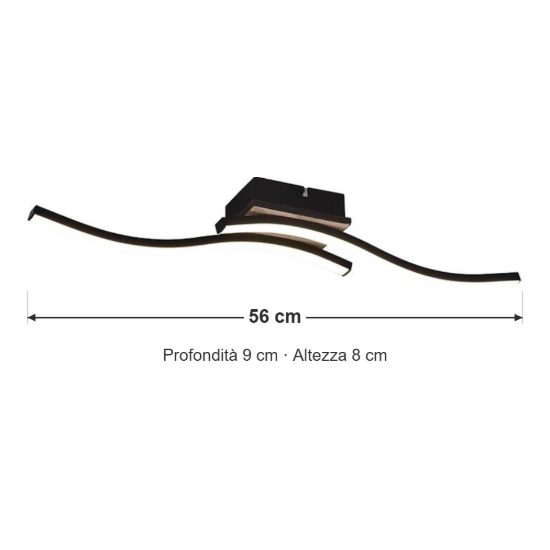 Plafoniera led 10w 3000k per cucina moderna con 2 bacchette ondulate nera effetto legno