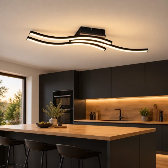 Plafoniera led 15w 3000k per cucina moderna con 3 bacchette ondulate nera effetto legno