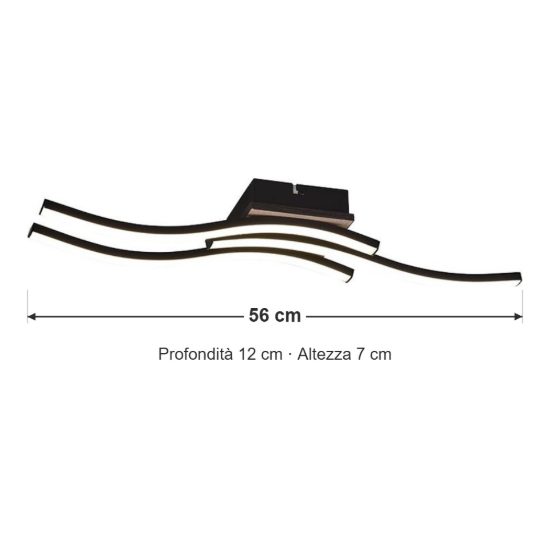 Plafoniera led 15w 3000k per cucina moderna con 3 bacchette ondulate nera effetto legno