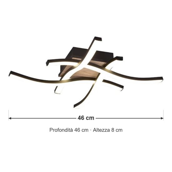 Plafoniera led 20w 3000k per cucina moderna con 4 bacchette ondulate nera effetto legno