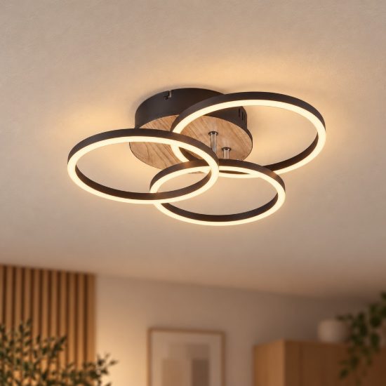 Plafoniera led 27w cct 2700k 6000k con telecomando a 3 cerchi orientabili nera effetto legno