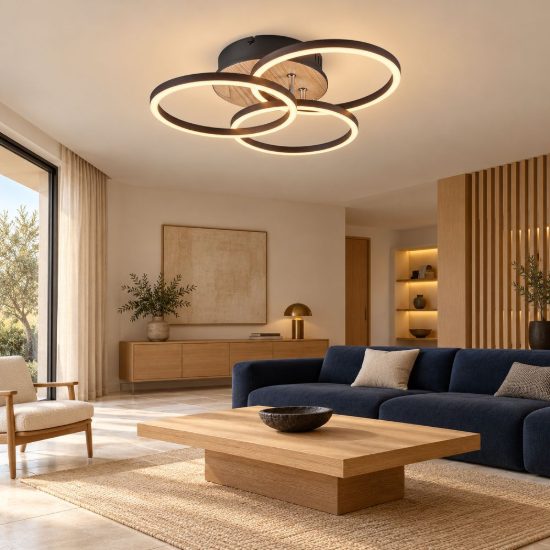 Plafoniera led 27w cct 2700k 6000k con telecomando a 3 cerchi orientabili nera effetto legno