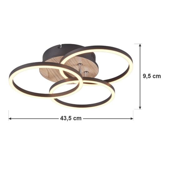 Plafoniera led 27w cct 2700k 6000k con telecomando a 3 cerchi orientabili nera effetto legno