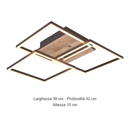 Plafoniera led 27w cct 2700k 6000k con telecomando a 3 quadrati orientabili nera effetto legno