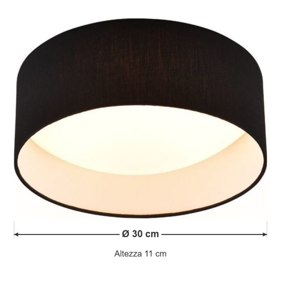 Plafoniera led 12w 3000k moderna cilindrica con paralume in tessuto nero