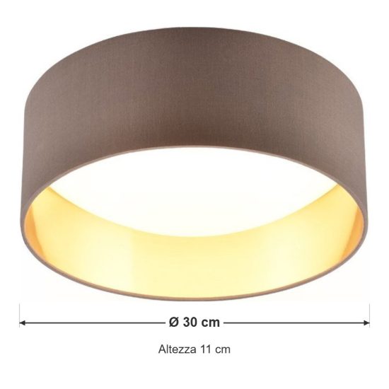 Plafoniera led 12w 3000k moderna cilindrica con paralume in tessuto tortora