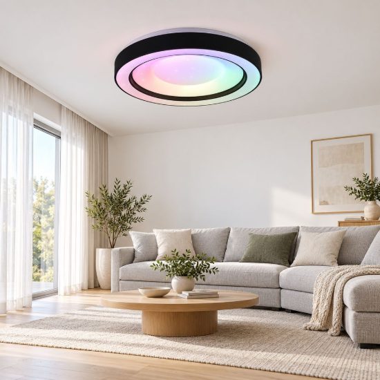 Plafoniera grande led 22w cct 2700k 6000k rgb con telecomando nera effetto cielo stellato