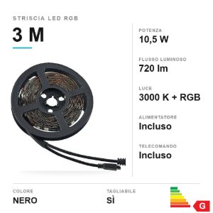 Striscia led 10,5w 3000k rgb con telecomando 3m tagliabile nera