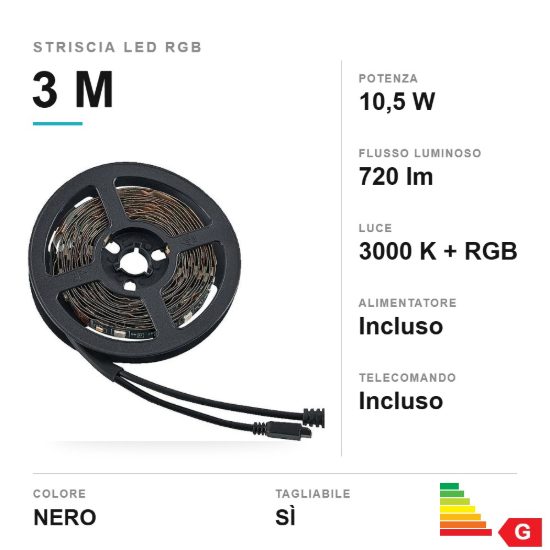 Striscia led 10,5w 3000k rgb con telecomando 3m tagliabile nera